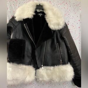 Missguided White Fur Black Leather Jacket Black Fur at wrists - - US Size 4